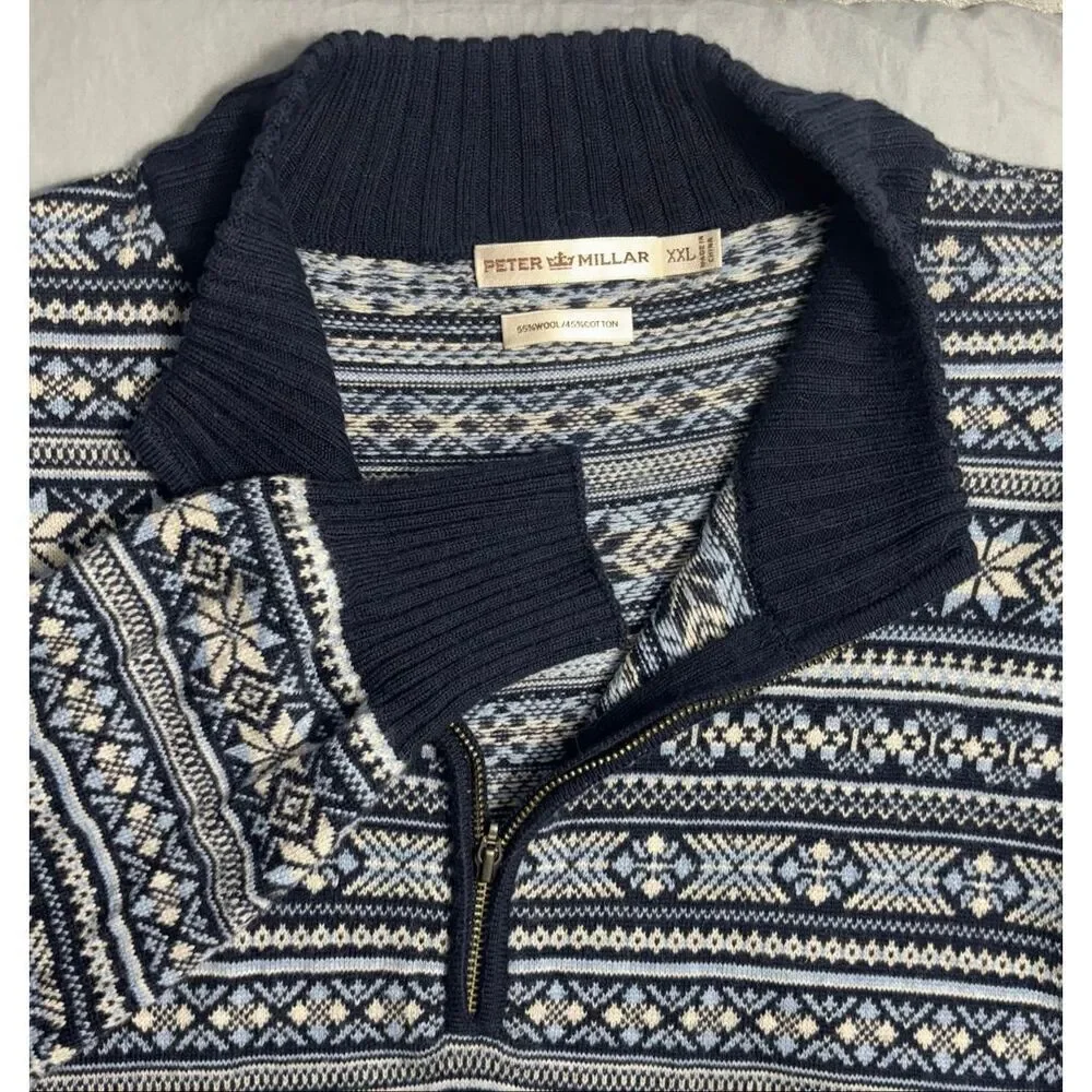 Peter Millar Sweater Mens 2XL Blue Cotton Wool Blend Winter Christmas1/4 FLAW
